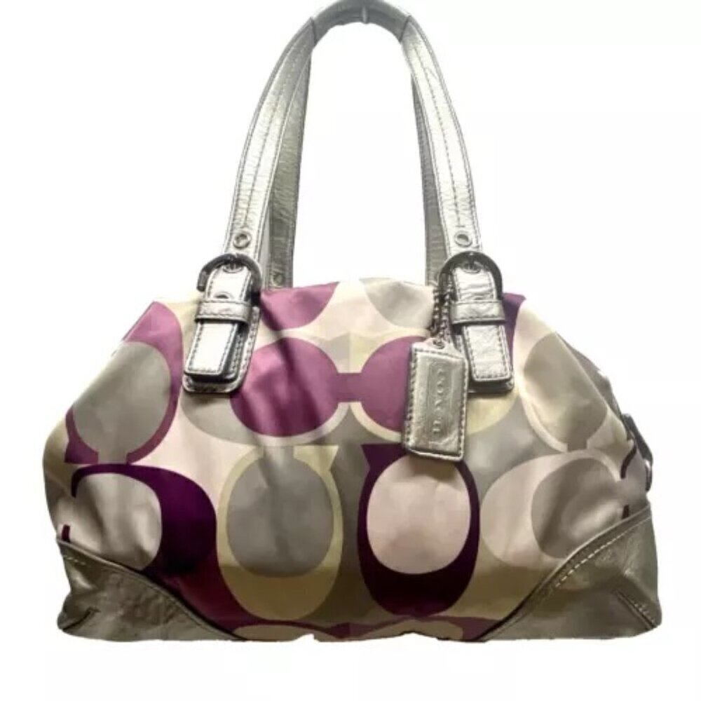 Coach Optic Convertible Scarf Print Carry All‎ F17409 Purple Silver Taupe Sateen